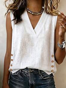 SHEIN Women's White V-Neck Bamboo Linen Contrast Color Wooden Button Slit Sleeveless Tank Top, White Top, Women's Vacation Top, Casual Wear, Holiday Wear, Commute Wear, White Shirt, Country Style, Beach Wear - White - View 7