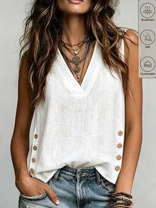 SHEIN Women's White V-Neck Bamboo Linen Contrast Color Wooden Button Slit Sleeveless Tank Top, White Top, Women's Vacation Top, Casual Wear, Holiday Wear, Commute Wear, White Shirt, Country Style, Beach Wear - White - View 2