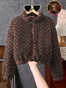 SHEIN Tween Girls' Fall Winter Brown Little Polka Dot Fleece Watermark Jacket Birthday Party Stand Collar Zipper Front Cuffed Fuzzy Jacket Coat For Outdoor - Coffee Brown - View 8
