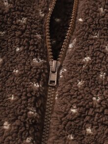 SHEIN Tween Girls' Fall Winter Brown Little Polka Dot Fleece Watermark Jacket Birthday Party Stand Collar Zipper Front Cuffed Fuzzy Jacket Coat For Outdoor - Coffee Brown - View 6