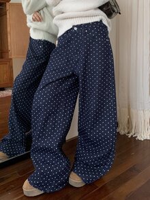 DAZY Women's Polka Dot Straight Leg Casual Denim Pants - Dark Wash - View 2