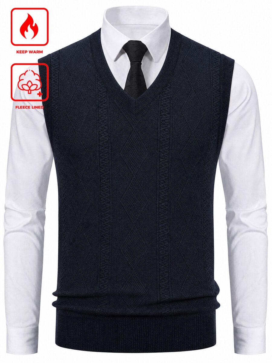 Manfinity CasualKnits 男士針織提花菱格紋背心外套 - 藏蓝色 - 查看 1