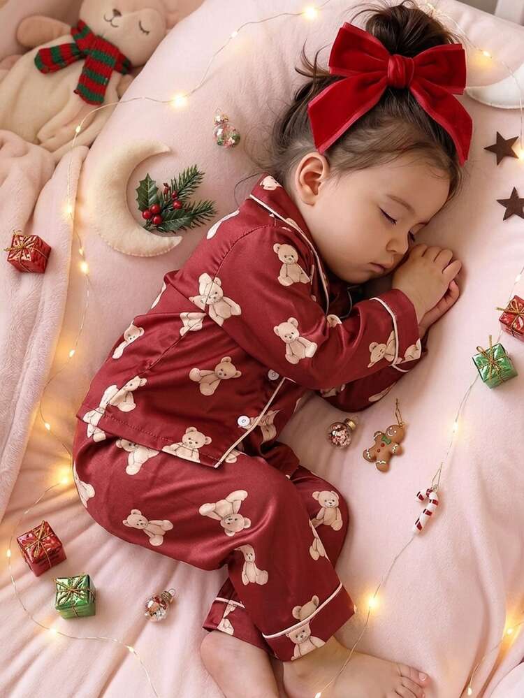 SHEIN Baby Girl Sweet Cute Elegant Skin-Friendly Soft Comfortable Casual Daily Cloud Star Cartoon Print Open Front Knit Long Sleeve Top And Pants 2 Pieces Set Loungewear - Red - View 7