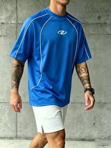 Sport MetroGents 男士幾何印花短袖休閒健身運動T恤，健身房適用 - 藍色 - 查看 4