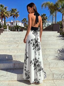 Firerie Women's Tropical Sexy Brunch Garden Party Vacation V-Neck Halter Backless Belted White And Black Floral Contrast Print Dress Summer - Black and White - View 4
