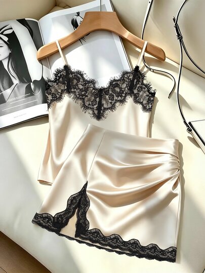 GlowEve Women's Summer Elegant Lace Patchwork Camisole & Skirt 2 Pieces Set