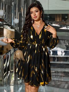 DreamSkyne Plus Size Women's Metallic Foil Print Overlap V-Neck Lantern Sleeve Elegant Dress Fall - Multicolor - View 1