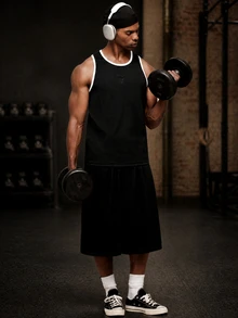 OTTIMOZO Men's Colorblock White Trim Ribbed Fitness Tank Top, Narrow Shoulder Sports Vest, Muscle-Enhancing Sleeveless Shirt For Gym Training And Weightlifting - Black - View 6