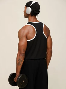 OTTIMOZO Men's Colorblock White Trim Ribbed Fitness Tank Top, Narrow Shoulder Sports Vest, Muscle-Enhancing Sleeveless Shirt For Gym Training And Weightlifting - Black - View 2