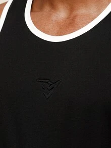 OTTIMOZO Men's Colorblock White Trim Ribbed Fitness Tank Top, Narrow Shoulder Sports Vest, Muscle-Enhancing Sleeveless Shirt For Gym Training And Weightlifting - Black - View 5
