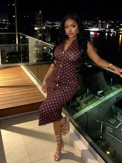 Slaydiva New Summer/Fall Women's Sleeveless Collared Bodycon Dress With Front Buttons/Elegant/Going Out/Party/Holiday/Festival/Wedding Guest/Brown Polka Dot