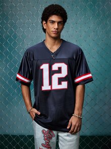 EVRINFINITE Camiseta de fútbol americano bordada para hombre, camiseta casual de cuello en V de manga corta, ropa para fiestas & deportes, azul otoño - Azul - Ver 5