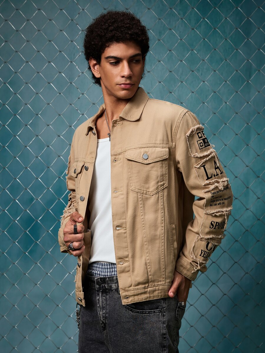 EVRINFINITE Men Long Sleeve Slogan Graphic Flap Pocket Denim Jacket Without Tee, For Fall - Apricot - View 1
