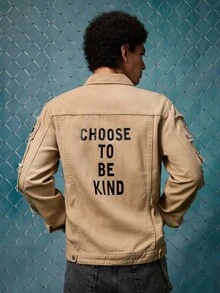 EVRINFINITE Men Long Sleeve Slogan Graphic Flap Pocket Denim Jacket Without Tee, For Fall - Apricot - View 2