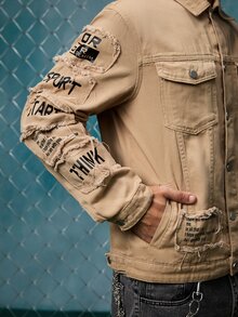 EVRINFINITE Men Long Sleeve Slogan Graphic Flap Pocket Denim Jacket Without Tee, For Fall - Apricot - View 6