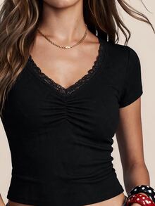 Rina Fox Women's Solid Color Lace Ruffle Fitted Casual T-Shirt - Black - View 3