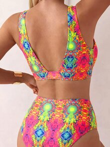 Swim Vcay Conjunto de bikini de 2 piezas con escote en V profundo, cintura alta y espalda descubierta con lazo, estampado colorido y aleatorio para primavera/verano 2026 para mujeres - Multicolor - Ver 2