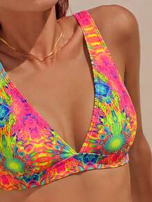 Swim Vcay Conjunto de bikini de 2 piezas con escote en V profundo, cintura alta y espalda descubierta con lazo, estampado colorido y aleatorio para primavera/verano 2026 para mujeres - Multicolor - Ver 4