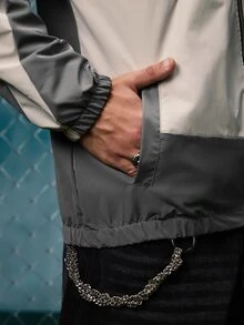 EVRINFINITE 男士长袖休闲拉链撞色抽绳高领夹克，春秋季户外防风外套，适合秋季穿着 - 灰色 - 查看 7