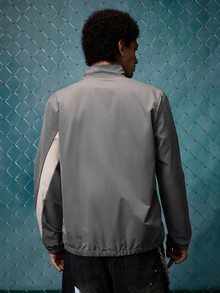 EVRINFINITE 男士长袖休闲拉链撞色抽绳高领夹克，春秋季户外防风外套，适合秋季穿着 - 灰色 - 查看 2