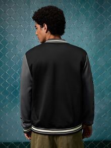 EVRINFINITE Jaket Baseball Kasual Lengan Panjang Pria dengan Cetakan Huruf dan Warna Kontras, Lapisan Termal, Musim Gugur, Jaket Varsity Rave Hitam, Musim Dingin - MultiWarna - View 2