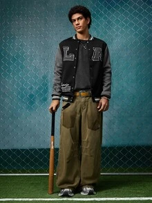 EVRINFINITE Jaket Baseball Kasual Lengan Panjang Pria dengan Cetakan Huruf dan Warna Kontras, Lapisan Termal, Musim Gugur, Jaket Varsity Rave Hitam, Musim Dingin - MultiWarna - View 3