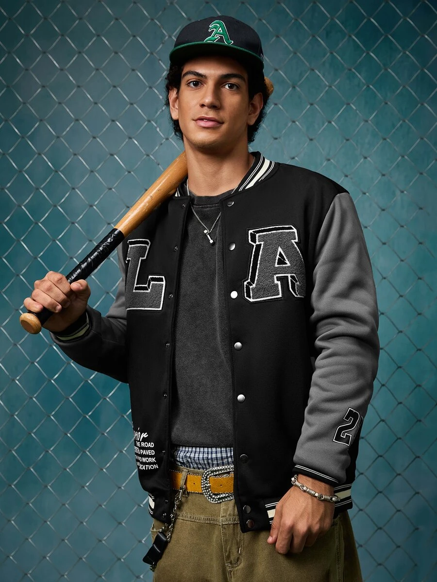EVRINFINITE Jaket Baseball Kasual Lengan Panjang Pria dengan Cetakan Huruf dan Warna Kontras, Lapisan Termal, Musim Gugur, Jaket Varsity Rave Hitam, Musim Dingin - MultiWarna - View 1