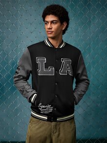 EVRINFINITE Jaket Baseball Kasual Lengan Panjang Pria dengan Cetakan Huruf dan Warna Kontras, Lapisan Termal, Musim Gugur, Jaket Varsity Rave Hitam, Musim Dingin - MultiWarna - View 4