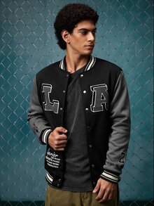 EVRINFINITE Jaket Baseball Kasual Lengan Panjang Pria dengan Cetakan Huruf dan Warna Kontras, Lapisan Termal, Musim Gugur, Jaket Varsity Rave Hitam, Musim Dingin - MultiWarna - View 5
