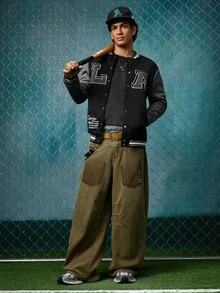EVRINFINITE Jaket Baseball Kasual Lengan Panjang Pria dengan Cetakan Huruf dan Warna Kontras, Lapisan Termal, Musim Gugur, Jaket Varsity Rave Hitam, Musim Dingin - MultiWarna - View 8