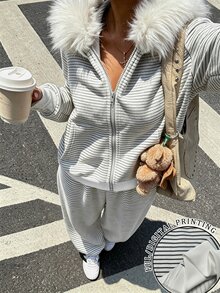 SuriyaCove Setelan Kasual Serbaguna untuk Wanita: Sweatshirt Berkerudung Bergaris dengan Resleting dan Celana Panjang, 2 Potong - MultiWarna - View 4