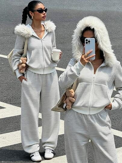 SuriyaCove Casual Fashion Versatile Women's Striped Zip-Up Hooded Sweatshirt And Pants 2 Pieces Set