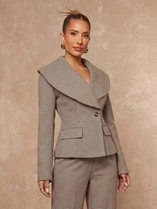 Lumalex Blazer Wanita Berstruktur dengan Kerah Lebar, Pinggang Ramping, Bantalan Bahu, dan Lengan Panjang, Model Musim Gugur Terbaru - Khaki - View 4