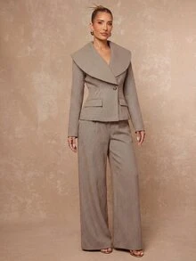 Lumalex Blazer Wanita Berstruktur dengan Kerah Lebar, Pinggang Ramping, Bantalan Bahu, dan Lengan Panjang, Model Musim Gugur Terbaru - Khaki - View 11