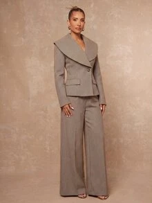 Lumalex Blazer Wanita Berstruktur dengan Kerah Lebar, Pinggang Ramping, Bantalan Bahu, dan Lengan Panjang, Model Musim Gugur Terbaru - Khaki - View 10
