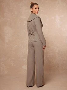Lumalex Blazer Wanita Berstruktur dengan Kerah Lebar, Pinggang Ramping, Bantalan Bahu, dan Lengan Panjang, Model Musim Gugur Terbaru - Khaki - View 7