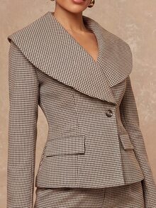 Lumalex Blazer Wanita Berstruktur dengan Kerah Lebar, Pinggang Ramping, Bantalan Bahu, dan Lengan Panjang, Model Musim Gugur Terbaru - Khaki - View 8