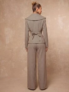 Lumalex Blazer Wanita Berstruktur dengan Kerah Lebar, Pinggang Ramping, Bantalan Bahu, dan Lengan Panjang, Model Musim Gugur Terbaru - Khaki - View 9