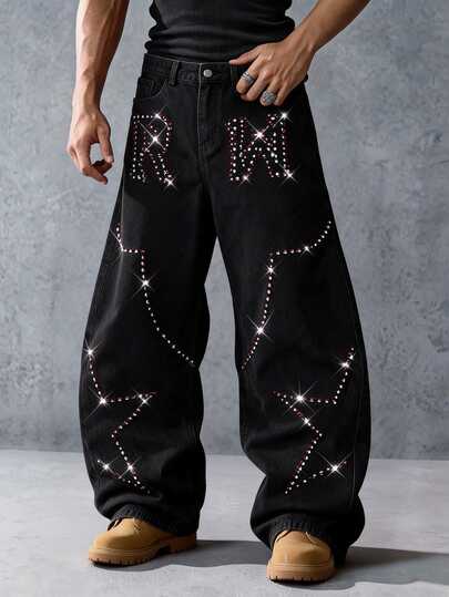 Jeans casuales versátiles para hombre con bordado pesado, strass y efecto lavado