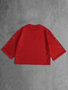 ROMWE MEN Street Life 青少年夏季 3/4 袖寬鬆上衣 T-shirt - 紅色 - 查看 2