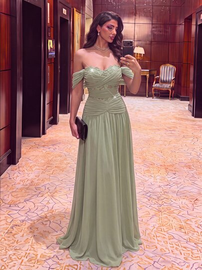 Aureia Elegant Sage Green Off Shoulder Sweetheart Beaded Lace Chiffon A-Line Floor Length Bridesmaid Wedding Guest Prom Formal Evening Party Long Maxi Dress