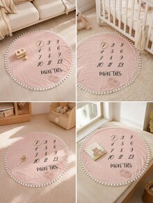 SHEIN Newborn Alphabet Printed Photography Background Blanket 0-12 Month Baby Boy Girl Monthly Milestone Blanket With Ball Tassel Dusty Pink Growth Blanket - Pink - View 7