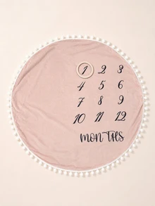 SHEIN Newborn Alphabet Printed Photography Background Blanket 0-12 Month Baby Boy Girl Monthly Milestone Blanket With Ball Tassel Dusty Pink Growth Blanket - Pink - View 1