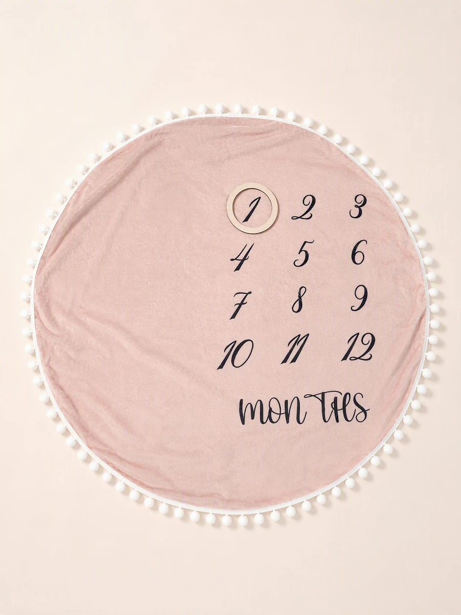 SHEIN Newborn Alphabet Printed Photography Background Blanket 0-12 Month Baby Boy Girl Monthly Milestone Blanket With Ball Tassel Dusty Pink Growth Blanket - Pink - View 1