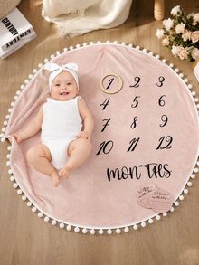 SHEIN Newborn Alphabet Printed Photography Background Blanket 0-12 Month Baby Boy Girl Monthly Milestone Blanket With Ball Tassel Dusty Pink Growth Blanket - Pink - View 5