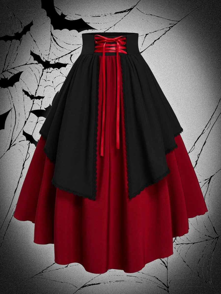 Sweetra Halloween Plus Size Women's Punk Double Layer Patchwork Lace Trim Tie Skirt - Red - View 1