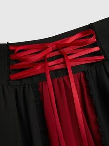 Sweetra Halloween Plus Size Women's Punk Double Layer Patchwork Lace Trim Tie Skirt - Red - View 6