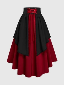 Sweetra Halloween Plus Size Women's Punk Double Layer Patchwork Lace Trim Tie Skirt - Red - View 7