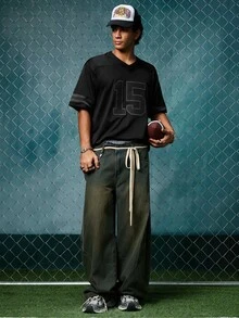 EVRINFINITE Men's Embroidered American Football Jersey, Black Casual V-Neck Short Sleeve T-Shirt, Sports Pullover For Party Spring Fall - Black - View 7