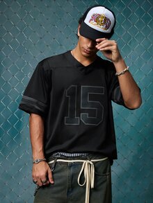 EVRINFINITE Men's Embroidered American Football Jersey, Black Casual V-Neck Short Sleeve T-Shirt, Sports Pullover For Party Spring Fall - Black - View 4